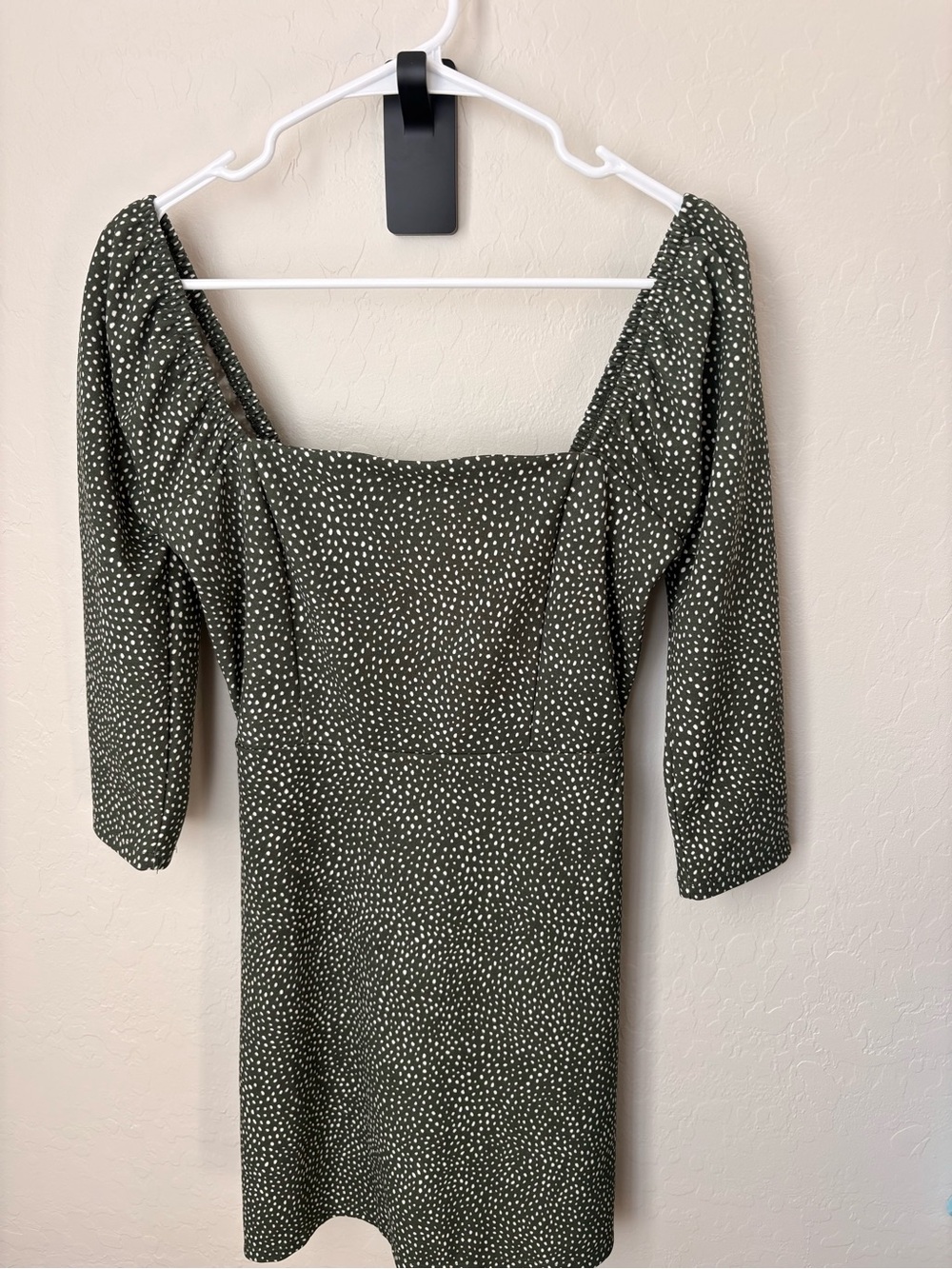 Leith Olive Green Square-Neck Puff Sleeve Mini Dress with White Dot Print